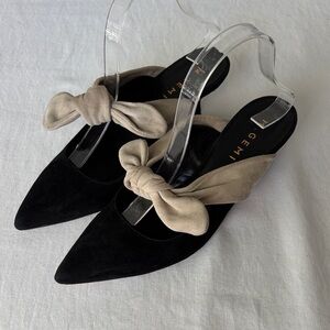 M. Gemi Lasso Black and Tan suede Mules with Knotted Detail and a kitten heel